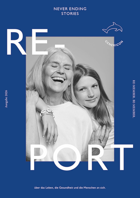 Deckblatt des Genericon-Report-Magazins zeigt eine ältere Dame und ein junges Mädchen und einen blauen Rahmen