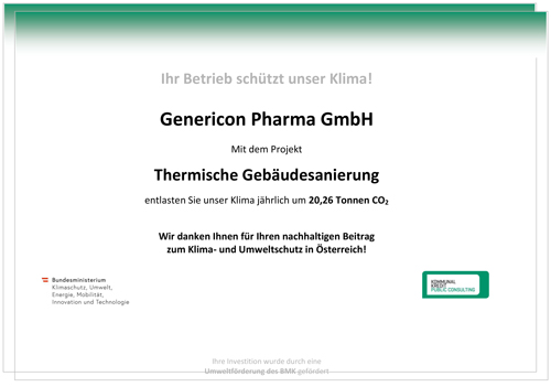 Urkunde von Genericon Pharma für die Auszeichnung des Projekts Thermische Gebäudesanierung durch das Bundesministerium für Klimaschutz, Umwelt, Energie, Mobilität, Innovation und Technologie