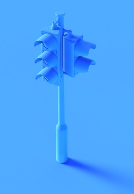 Blaue Ampel auf blauem Hintergrund