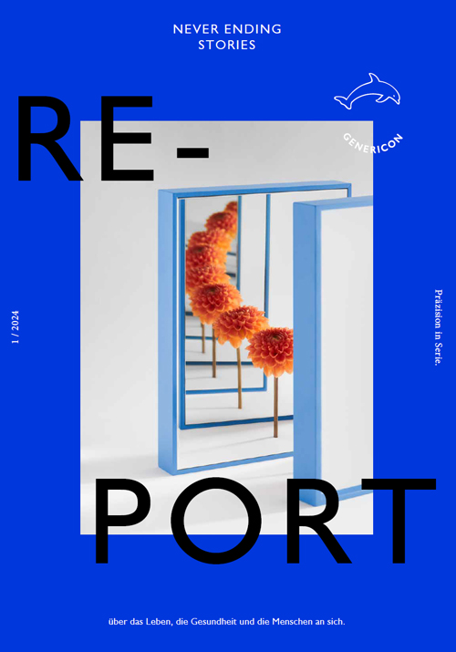 Deckblatt des Genericon-Report-Magazins zeigt eine Blume im Spiegel und einen blauen Rahmen