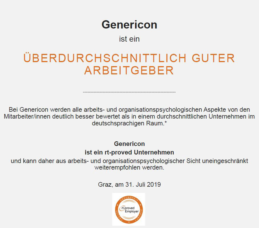 Zertifikat für Genericon als überdurchschnittlich guter Arbeitgeber aus dem Jahr 2019