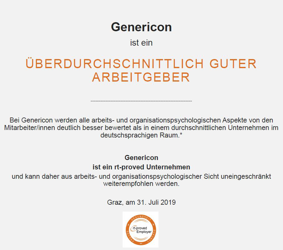 Certificate for Genericon as an above-average employer from 2019